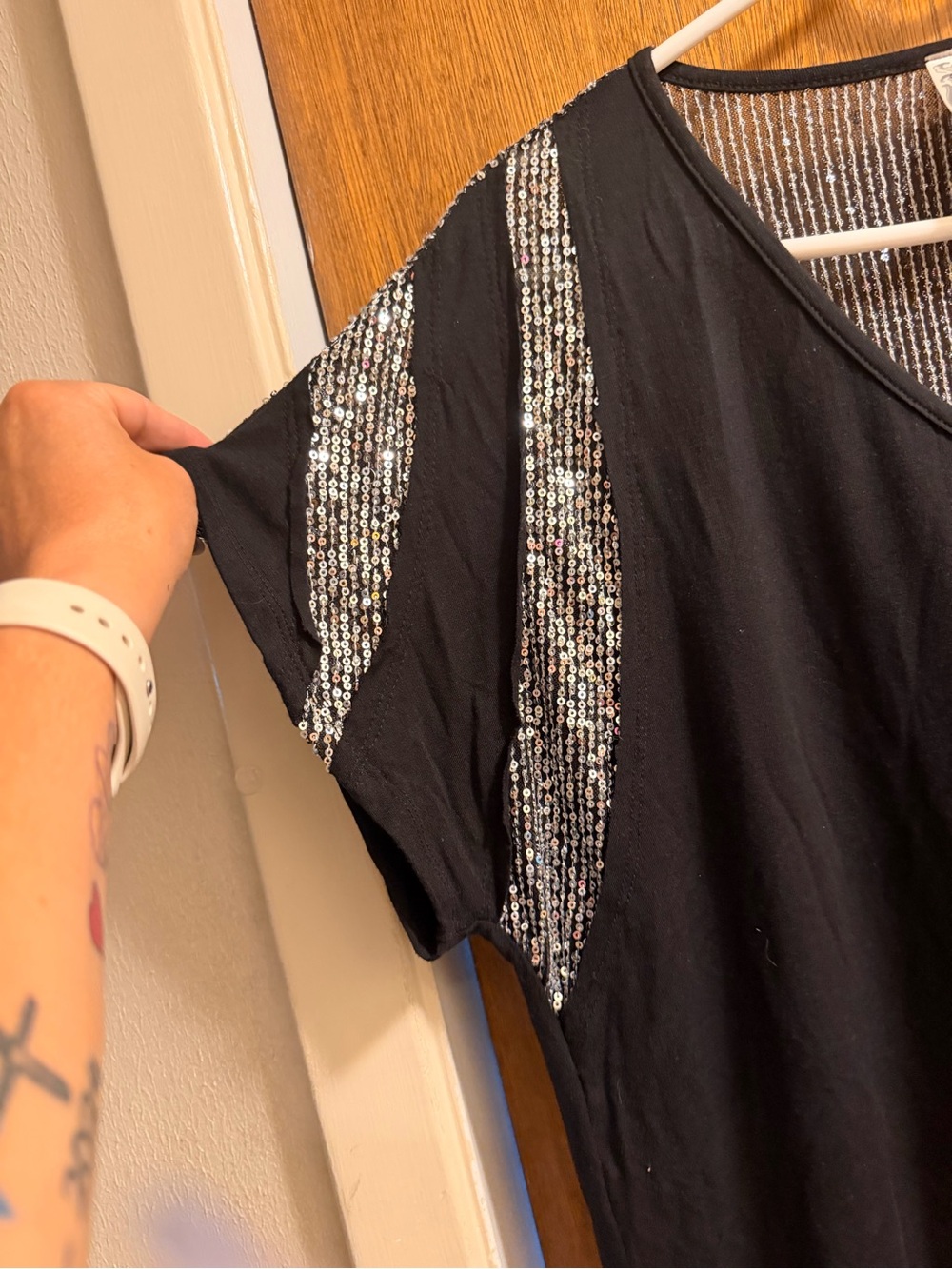 Vocal Black V-Neck Short Sleeve Top with Silver Sequin Stripes - Picture 2 of 3